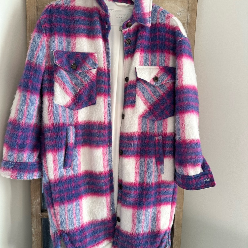 Blank NYC Plaid Long Shacket/Coat in Pink and Blue